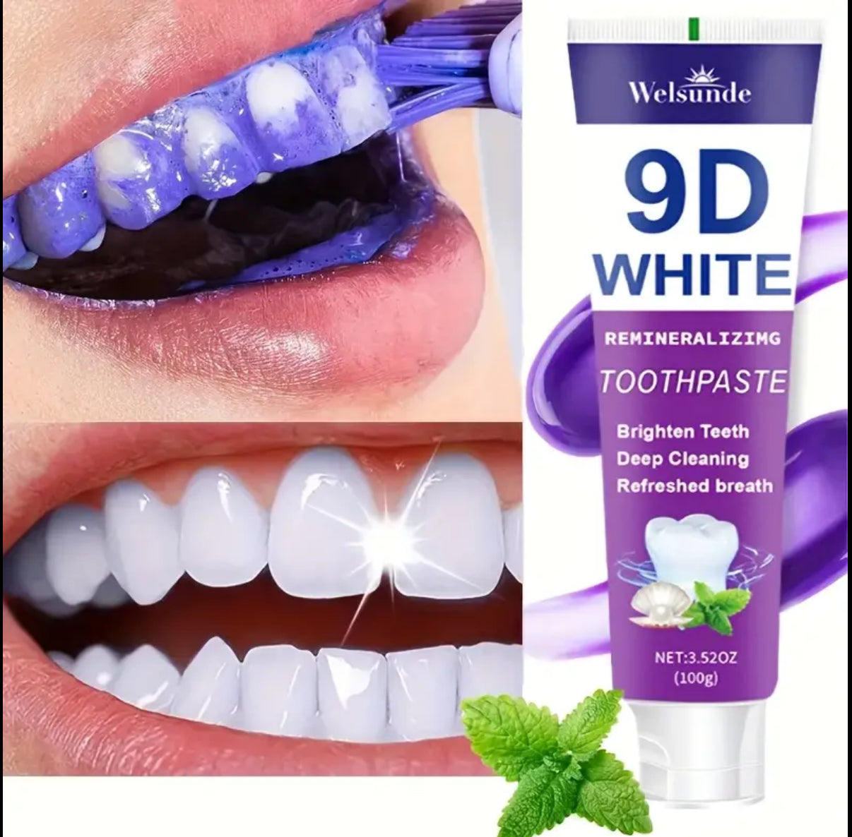9D White Toothpaste for Deep Cleaning & Brighter Smile, Purple Hydroxyapatite Toothpaste - European Formula with Minty Fresh Breath, Gentle on Gums, Travel-Size 100g/3.52oz, Ideal Oral Hygiene Gift for Women & Men, suitable for everyday