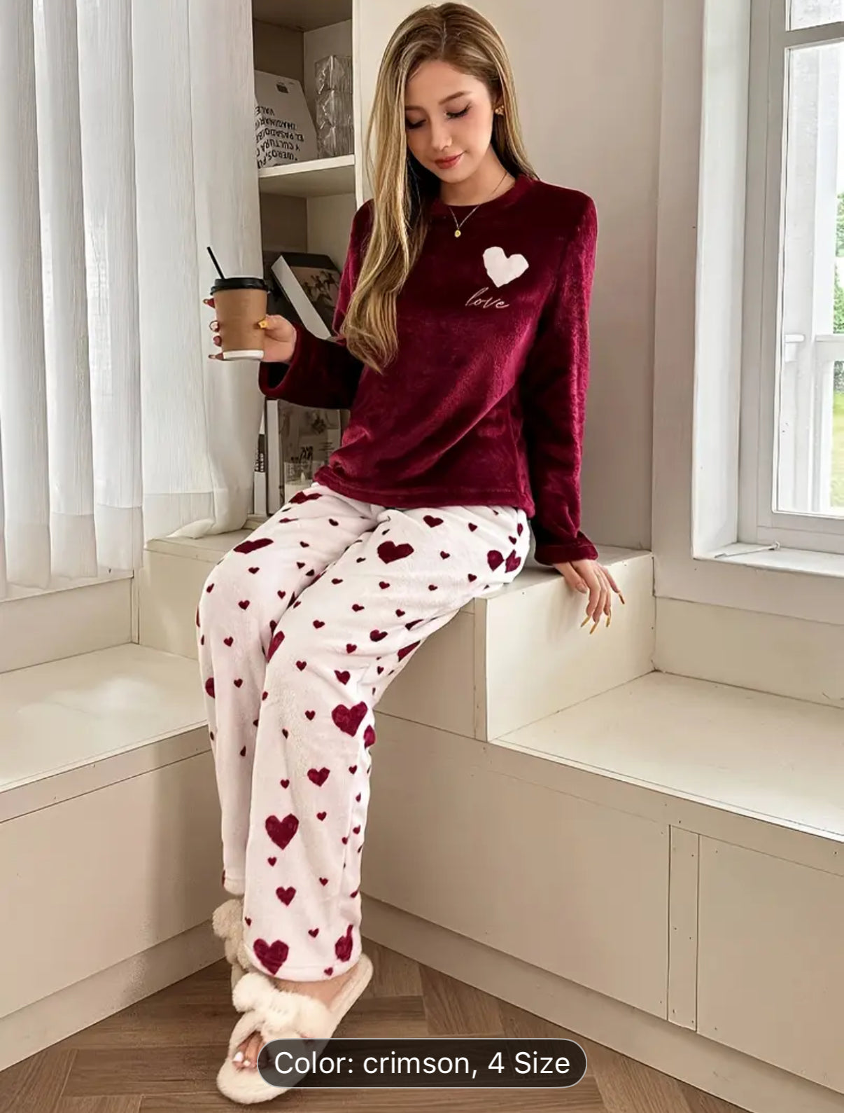 Autumn and Winter Warm Sleepwear Dream Adoration Heart Flannel Long Sleeve Pants Pajama Set