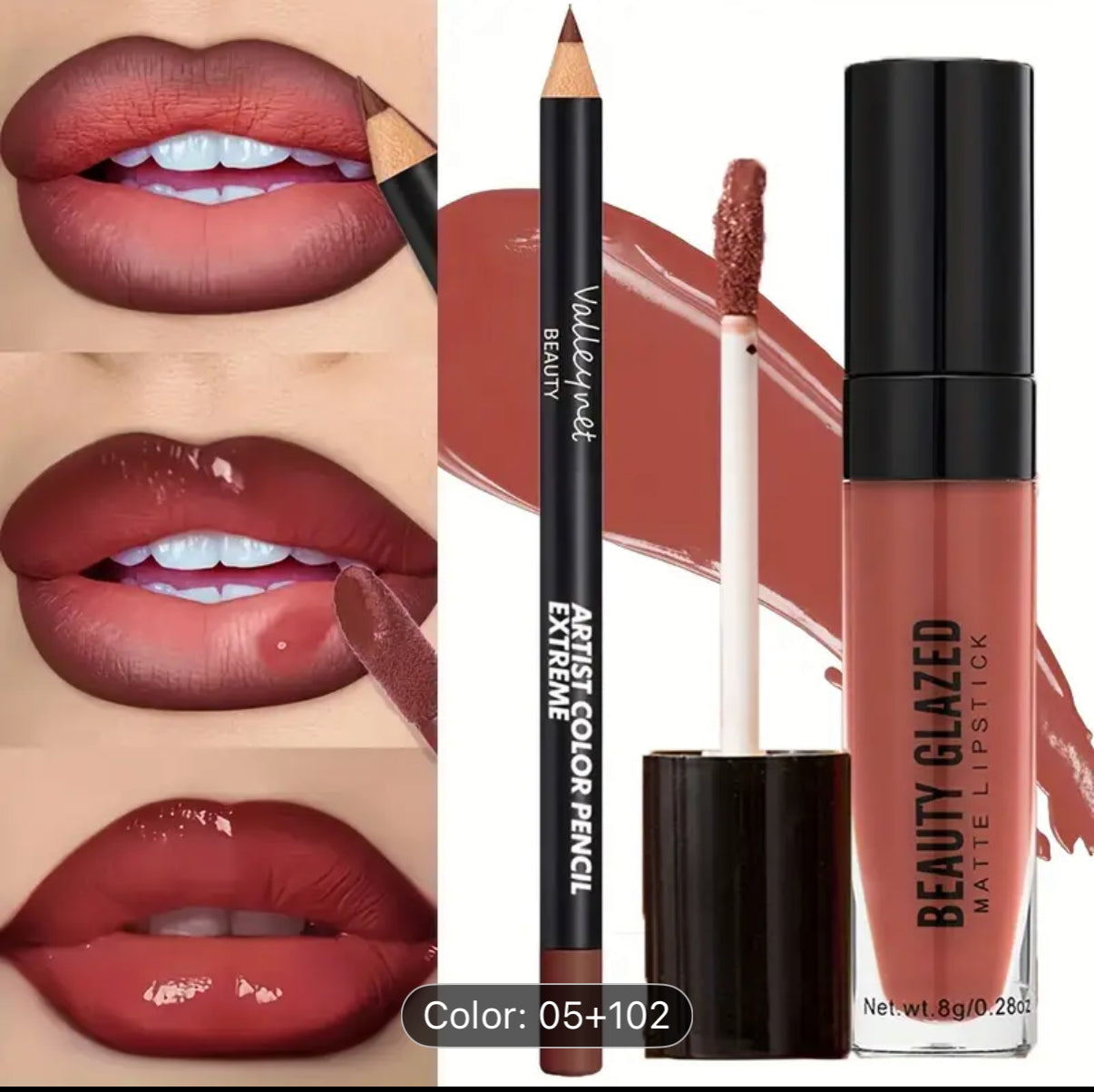 BEAUTYGLAZED 2pcs/set Velvet Texture Lip Makeup Set-Lip Liner+Lip Glaze-Waterproof Long-lasting Matte Effect, Red, Brown Colors, Create a Moisturizing and Natural Lip Makeup