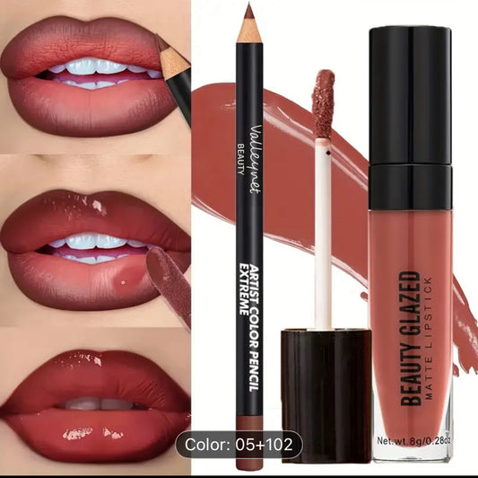 BEAUTYGLAZED 2pcs/set Velvet Texture Lip Makeup Set-Lip Liner+Lip Glaze-Waterproof Long-lasting Matte Effect, Red, Brown Colors, Create a Moisturizing and Natural Lip Makeup