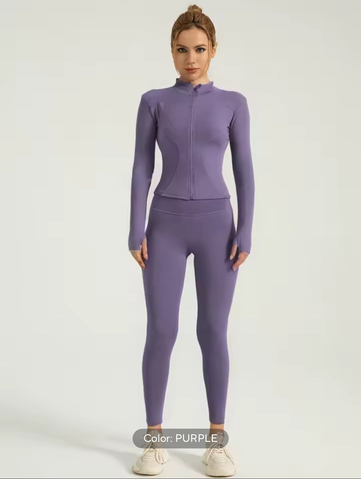 Fitfemme Two-piece Set Women's Solid Zip UpMock Neck Sports Jacket & HighWaist Leggings Set, SportyBreathable Quick Drying