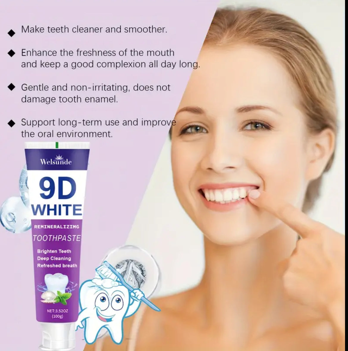 9D White Toothpaste for Deep Cleaning & Brighter Smile, Purple Hydroxyapatite Toothpaste - European Formula with Minty Fresh Breath, Gentle on Gums, Travel-Size 100g/3.52oz, Ideal Oral Hygiene Gift for Women & Men, suitable for everyday