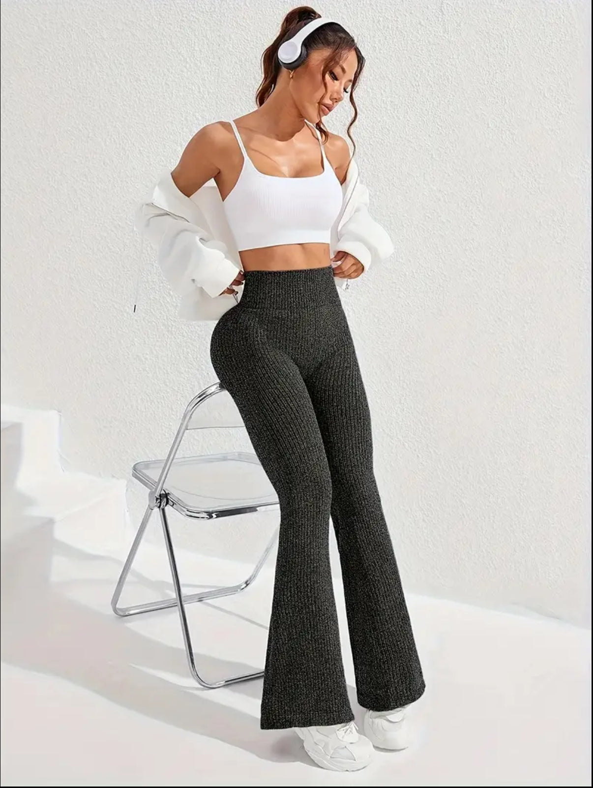 Women's High-Waisted Tummy Control Workout Leggings - 4D Textured Ribbed Flared Pants with Compression Fit, Lift & Seamless Design for Gym Running Casual Wear, All-Season Stretchy Ribbed Fabric, Tummy Control Shapewear, Fitness Apparel, Smooth Compression