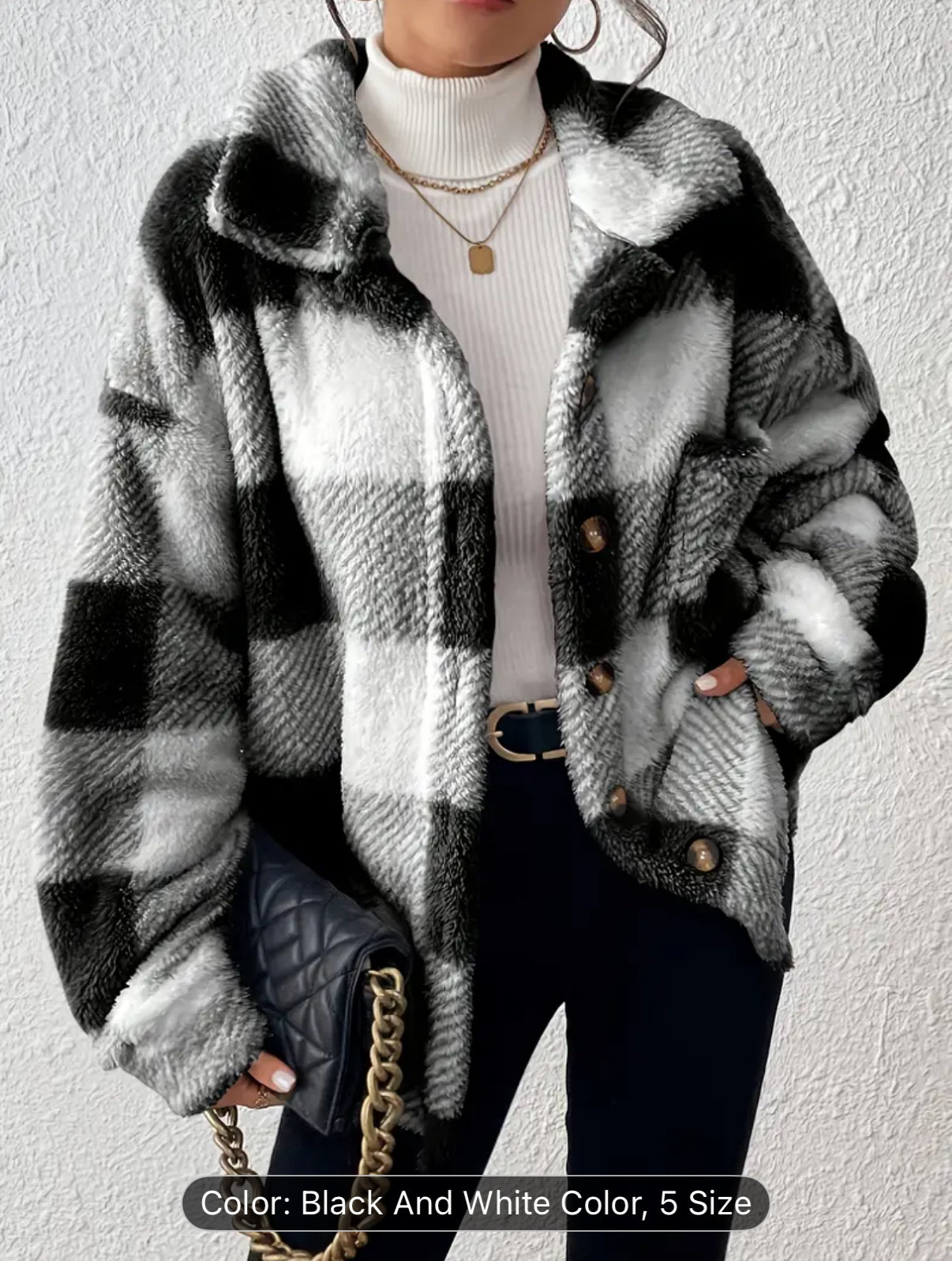 Women'S Elegant Plaid Faux Fur Jacket with Button Front - Cozy Fall/Winter Casual Outerwear, & Checkered Pattern, Long Sleeve, Button-Up Design, Perfect for Casual Attire, Winter Jacket