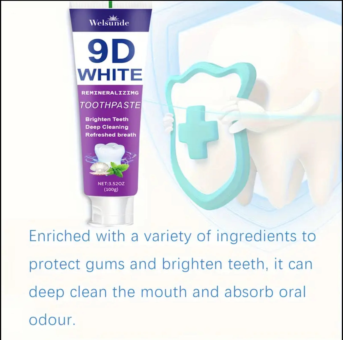 9D White Toothpaste for Deep Cleaning & Brighter Smile, Purple Hydroxyapatite Toothpaste - European Formula with Minty Fresh Breath, Gentle on Gums, Travel-Size 100g/3.52oz, Ideal Oral Hygiene Gift for Women & Men, suitable for everyday