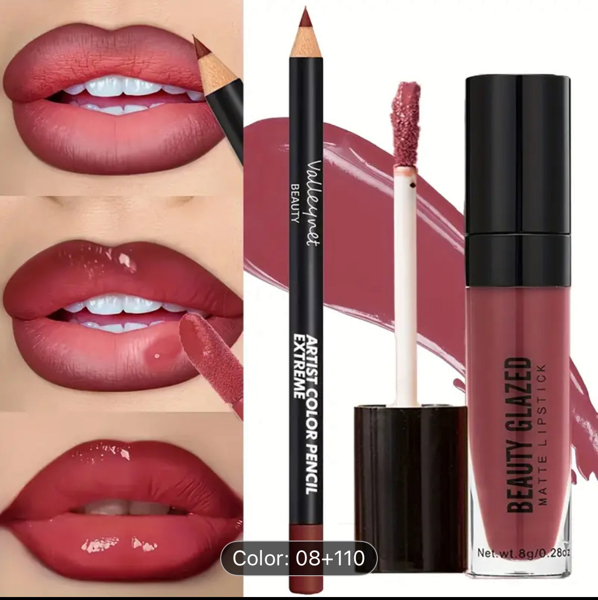 BEAUTYGLAZED 2pcs/set Velvet Texture Lip Makeup Set-Lip Liner+Lip Glaze-Waterproof Long-lasting Matte Effect, Red, Brown Colors, Create a Moisturizing and Natural Lip Makeup