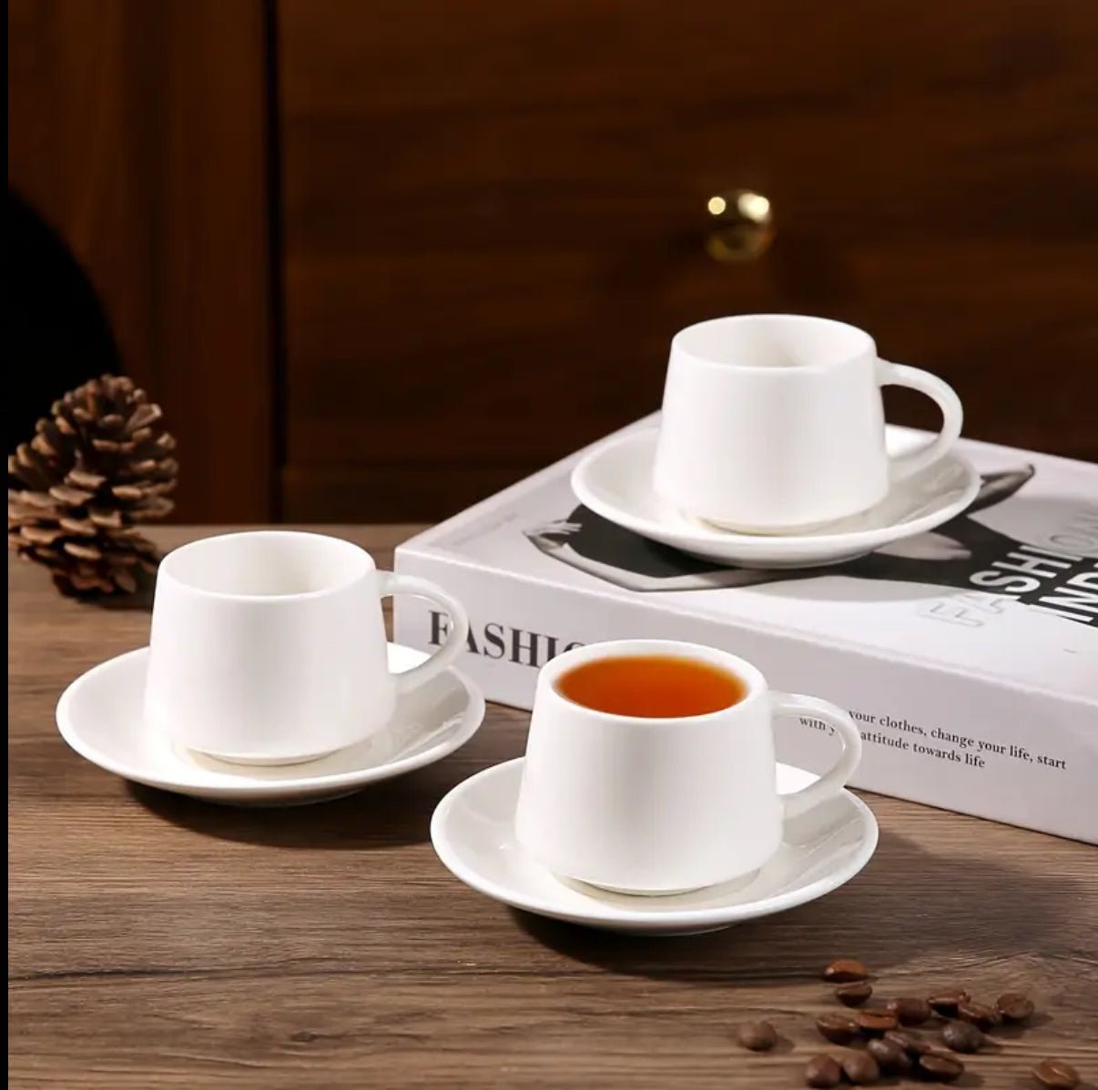 12pcs Ceramic Coffee Cup and Saucer Set - Round, Reusable & Versatile