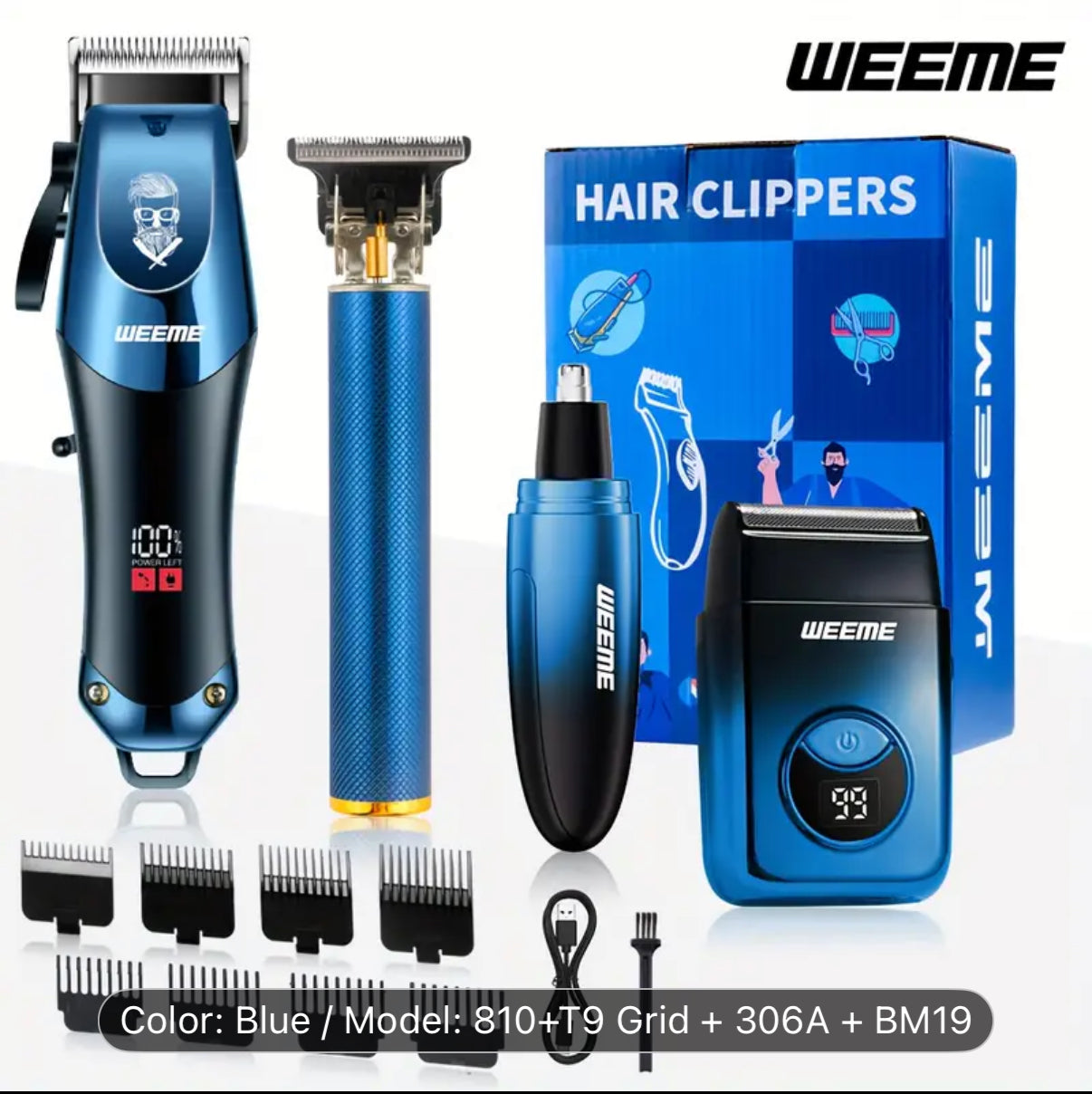 WEEME 4pcs Men's electric hair clipper, nose hair clipper, shaver set - wireless USB charging professional hair clipper set with lithium battery - his ideal gift, hair accessories | modern hair clipper tools | fashionable blue gradient design