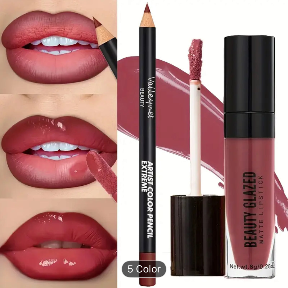 BEAUTYGLAZED 2pcs/set Velvet Texture Lip Makeup Set-Lip Liner+Lip Glaze-Waterproof Long-lasting Matte Effect, Red, Brown Colors, Create a Moisturizing and Natural Lip Makeup