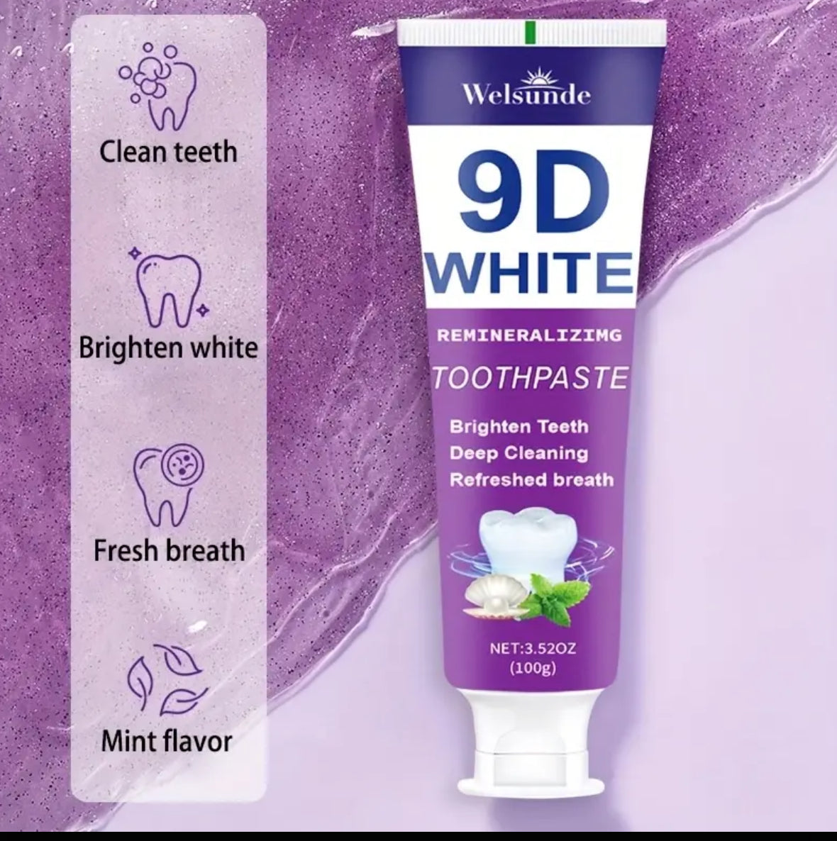 9D White Toothpaste for Deep Cleaning & Brighter Smile, Purple Hydroxyapatite Toothpaste - European Formula with Minty Fresh Breath, Gentle on Gums, Travel-Size 100g/3.52oz, Ideal Oral Hygiene Gift for Women & Men, suitable for everyday