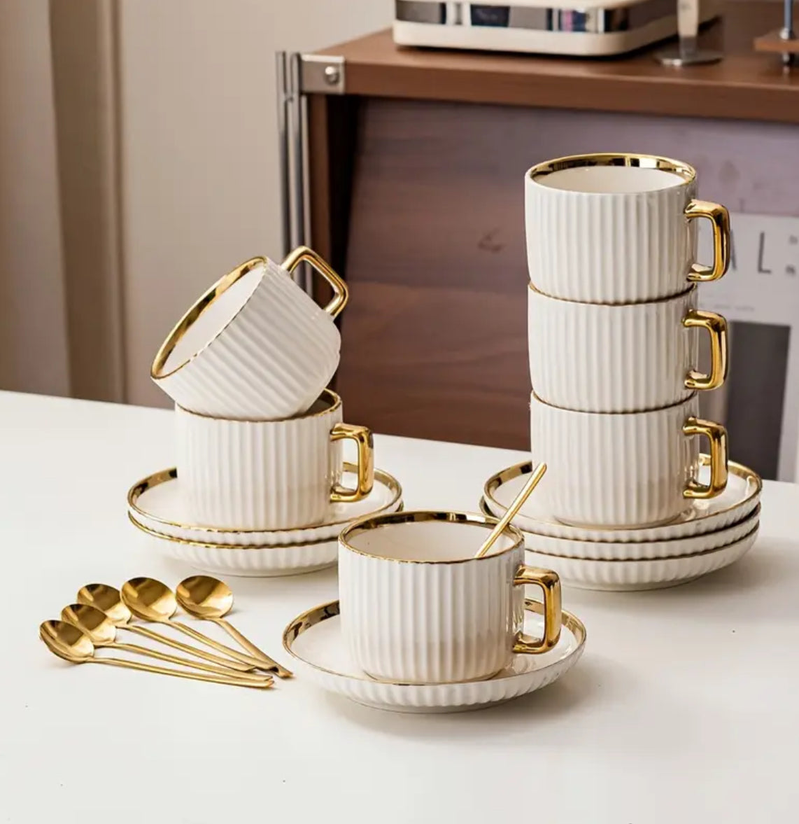 6 Sets, Ceramic Coffee Cup and Saucer Set with Spoons, Includes 2 Cups, Plates and 2 Spoons, Golden Edge Design, Suitable for Afternoon Coffee, Tea Drinking, Home Water Drinking Cup, High-looking Cup and Plate Set for Family Kitchen Life, Holiday Gifts