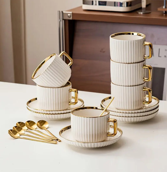 6 Sets, Ceramic Coffee Cup and Saucer Set with Spoons, Includes 2 Cups, Plates and 2 Spoons, Golden Edge Design, Suitable for Afternoon Coffee, Tea Drinking, Home Water Drinking Cup, High-looking Cup and Plate Set for Family Kitchen Life, Holiday Gifts