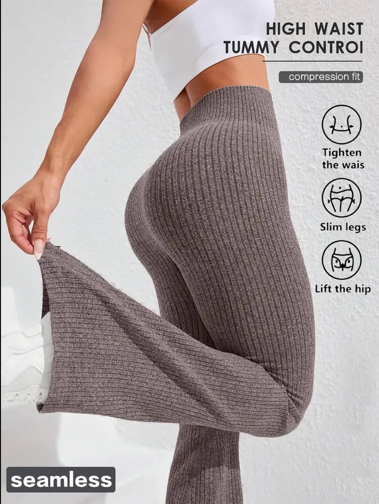 Women's High-Waisted Tummy Control Workout Leggings - 4D Textured Ribbed Flared Pants with Compression Fit, Lift & Seamless Design for Gym Running Casual Wear, All-Season Stretchy Ribbed Fabric, Tummy Control Shapewear, Fitness Apparel, Smooth Compression