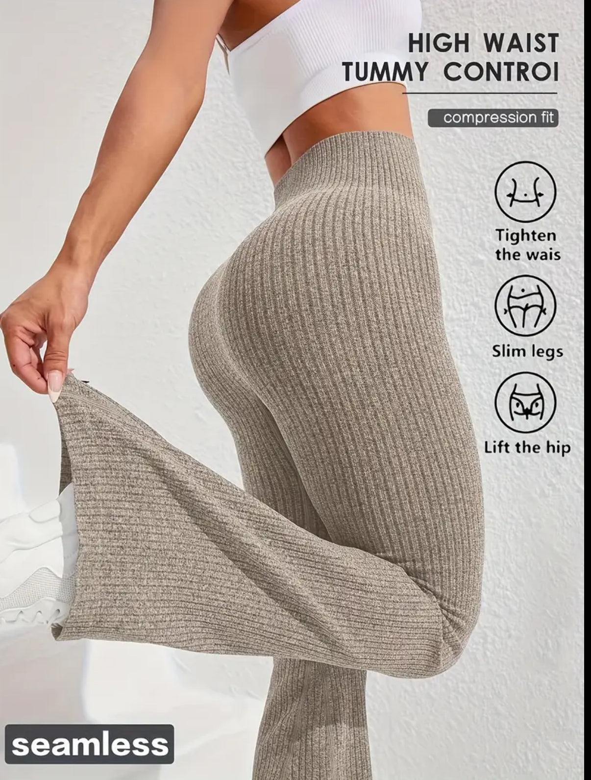 Women's High-Waisted Tummy Control Workout Leggings - 4D Textured Ribbed Flared Pants with Compression Fit, Lift & Seamless Design for Gym Running Casual Wear, All-Season Stretchy Ribbed Fabric, Tummy Control Shapewear, Fitness Apparel, Smooth Compression