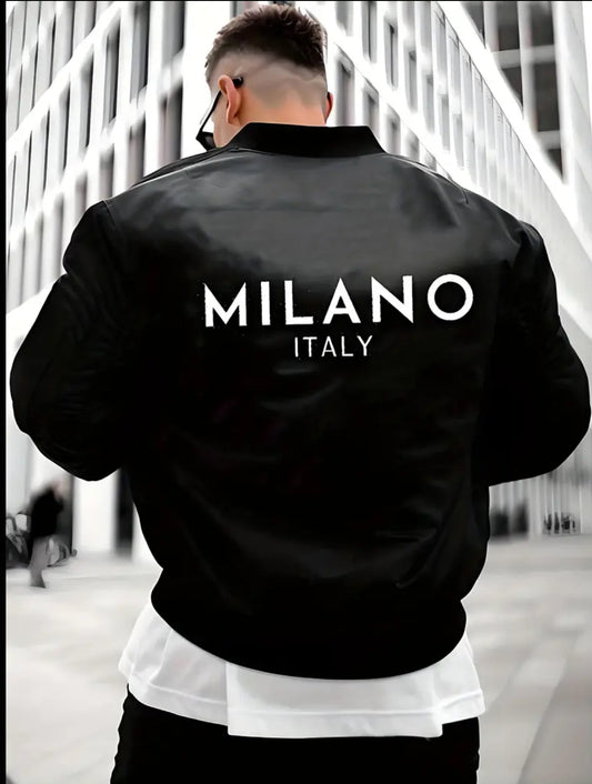 Gentlemen Bird Men's Lightweight Baseball Jacket - Casual Zip-Up Coat with Milan Italy Lettering, 100% Polyester, Machine Washable, Regular Fit for Spring/Fall