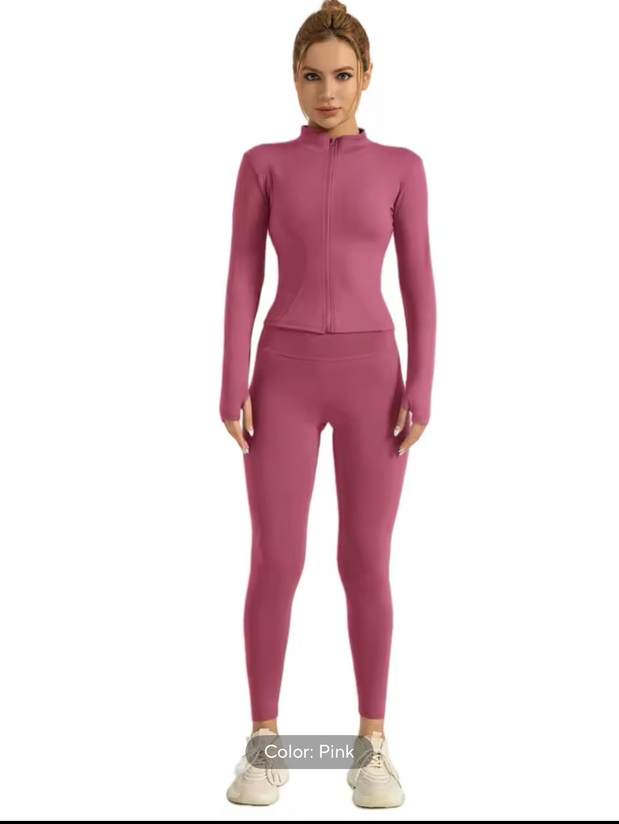 Fitfemme Two-piece Set Women's Solid Zip UpMock Neck Sports Jacket & HighWaist Leggings Set, SportyBreathable Quick Drying