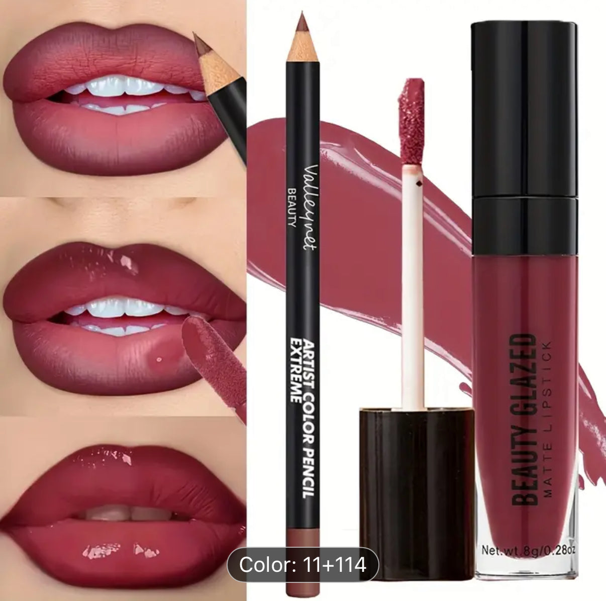 BEAUTYGLAZED 2pcs/set Velvet Texture Lip Makeup Set-Lip Liner+Lip Glaze-Waterproof Long-lasting Matte Effect, Red, Brown Colors, Create a Moisturizing and Natural Lip Makeup