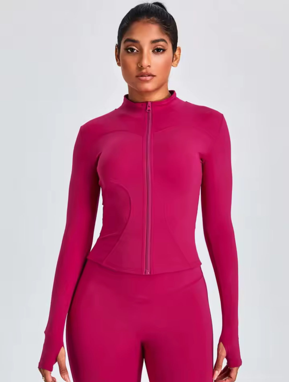 Fitfemme Two-piece Set Women's Solid Zip UpMock Neck Sports Jacket & HighWaist Leggings Set, SportyBreathable Quick Drying