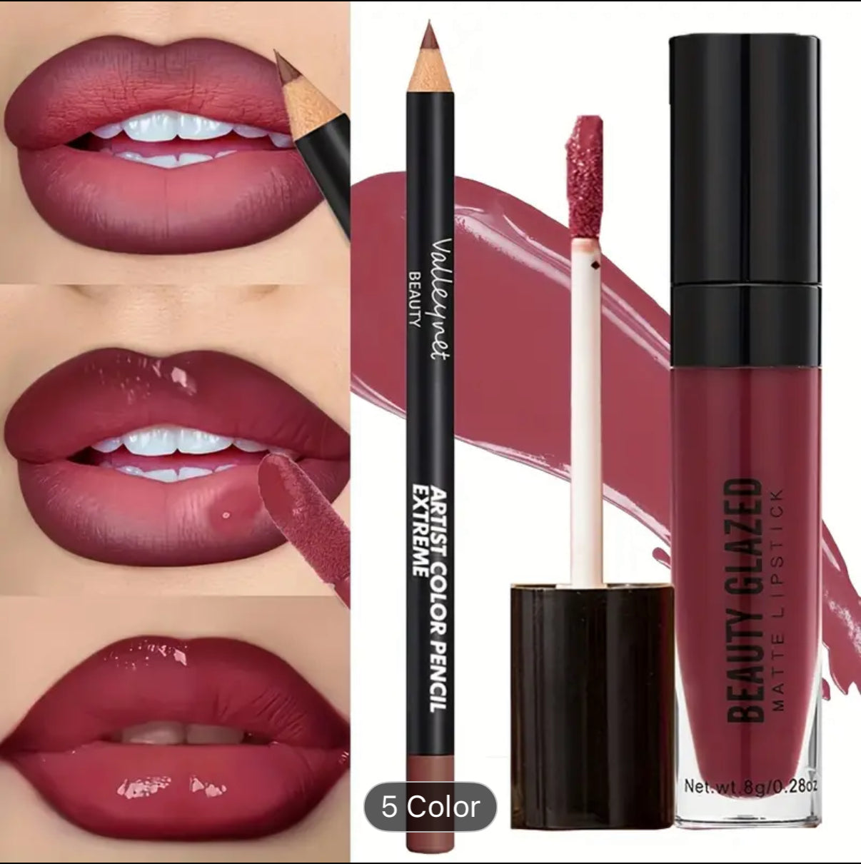 BEAUTYGLAZED 2pcs/set Velvet Texture Lip Makeup Set-Lip Liner+Lip Glaze-Waterproof Long-lasting Matte Effect, Red, Brown Colors, Create a Moisturizing and Natural Lip Makeup