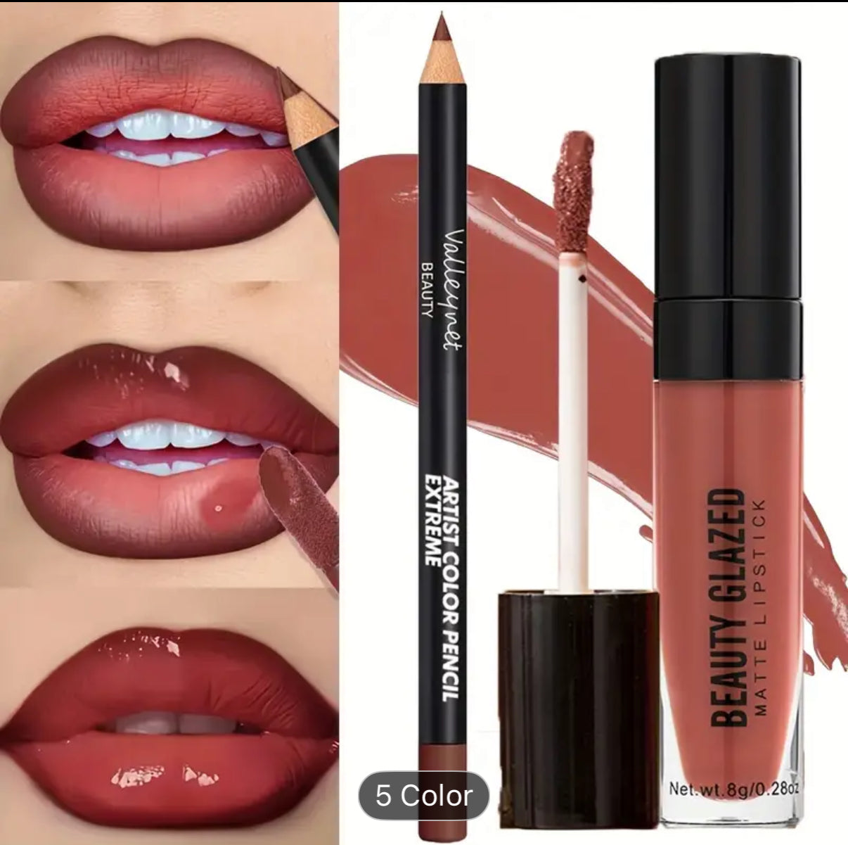 BEAUTYGLAZED 2pcs/set Velvet Texture Lip Makeup Set-Lip Liner+Lip Glaze-Waterproof Long-lasting Matte Effect, Red, Brown Colors, Create a Moisturizing and Natural Lip Makeup