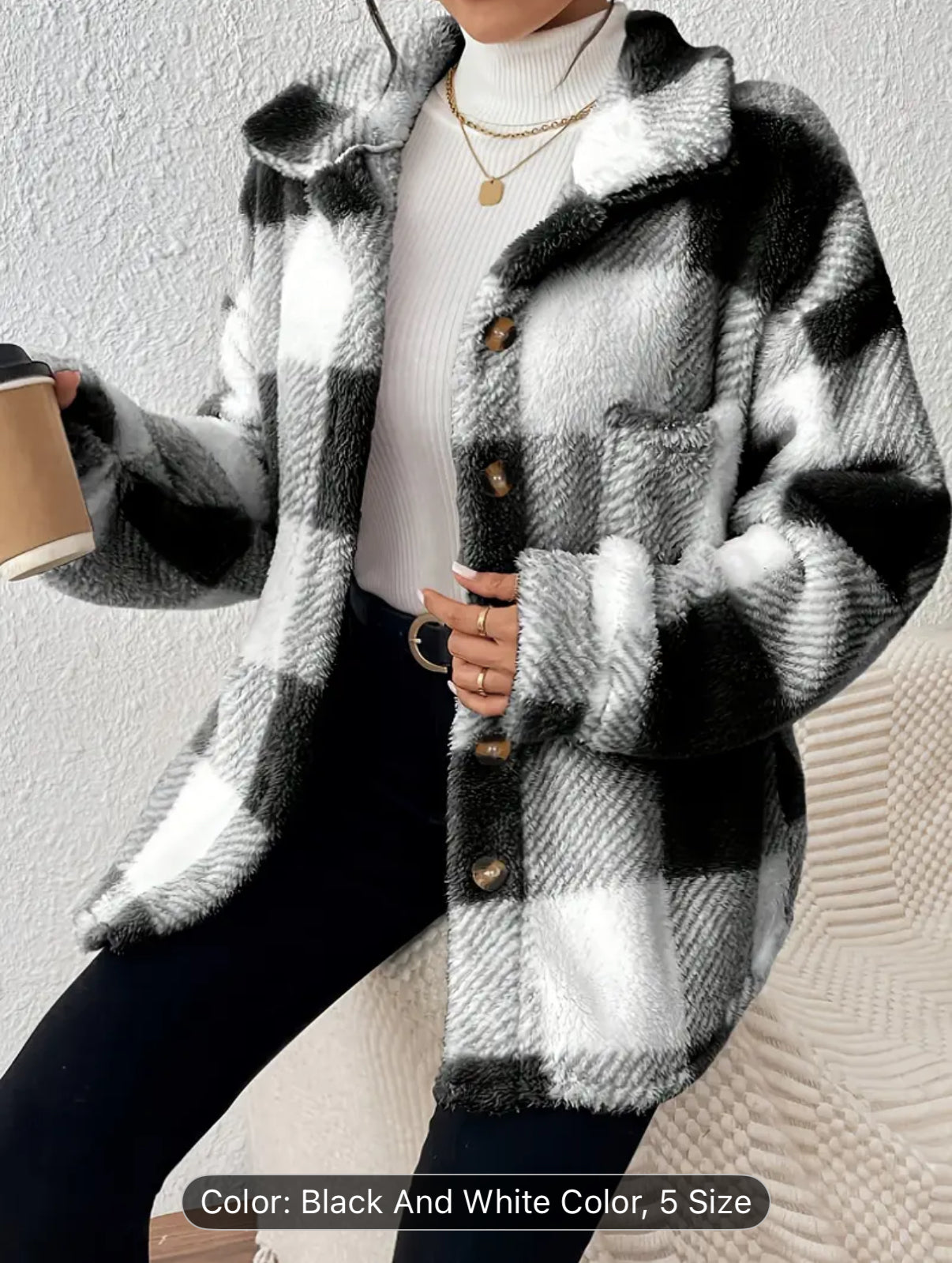 Women'S Elegant Plaid Faux Fur Jacket with Button Front - Cozy Fall/Winter Casual Outerwear, & Checkered Pattern, Long Sleeve, Button-Up Design, Perfect for Casual Attire, Winter Jacket
