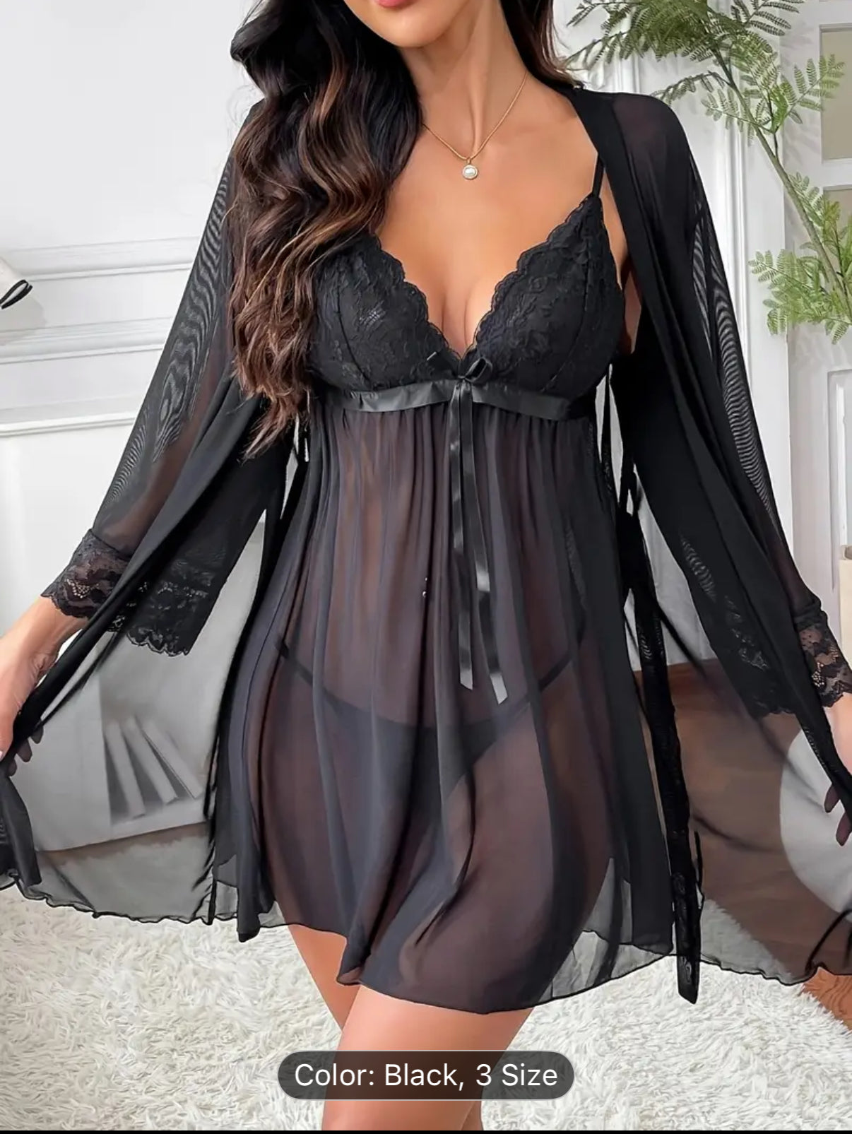 Sexy Black Lace-Trimmed Mesh Sheer Nightgown with Tie-Back Detail - Elegant Sleepwear for Women, Perfect for Home or Special Occasions, Sexy Nightwear|Sleek Nightgown|Lace Trim Detail