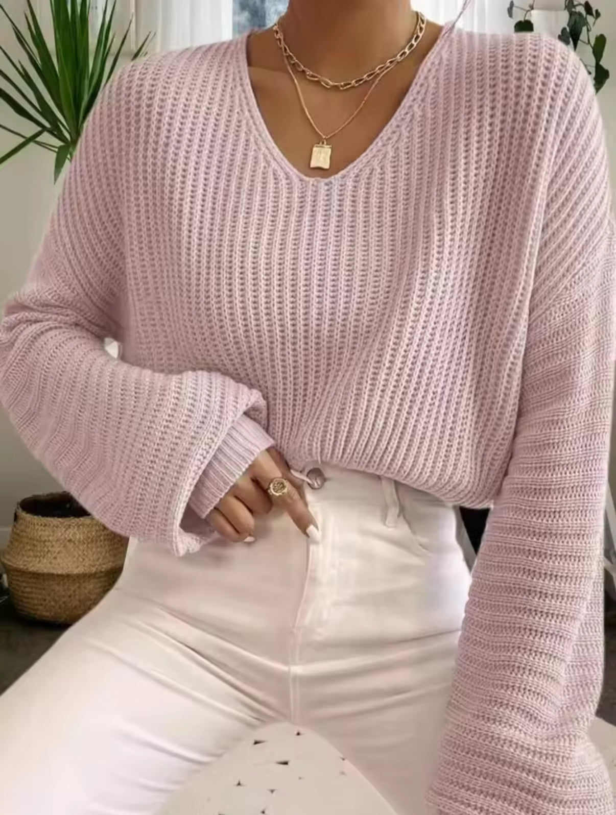 Autumn Winter Versatile Casual Knitted Female Tops V Neck Pullovers Women Solid Color Loose Lantern Long Sleeve Sweater Jumpers