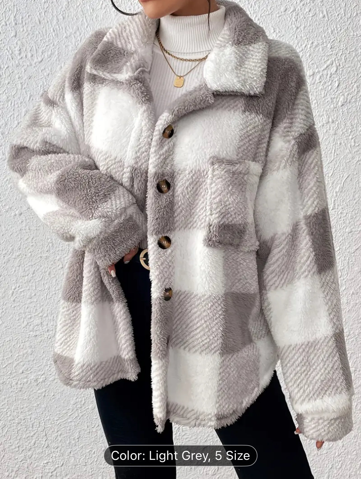Women'S Elegant Plaid Faux Fur Jacket with Button Front - Cozy Fall/Winter Casual Outerwear, & Checkered Pattern, Long Sleeve, Button-Up Design, Perfect for Casual Attire, Winter Jacket