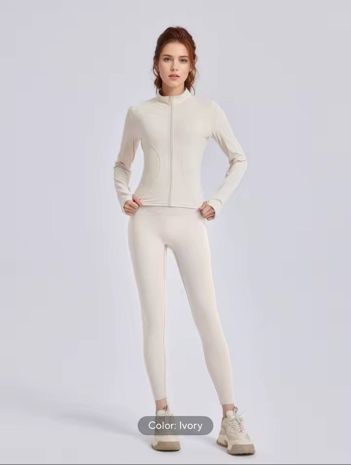 Fitfemme Two-piece Set Women's Solid Zip UpMock Neck Sports Jacket & HighWaist Leggings Set, SportyBreathable Quick Drying