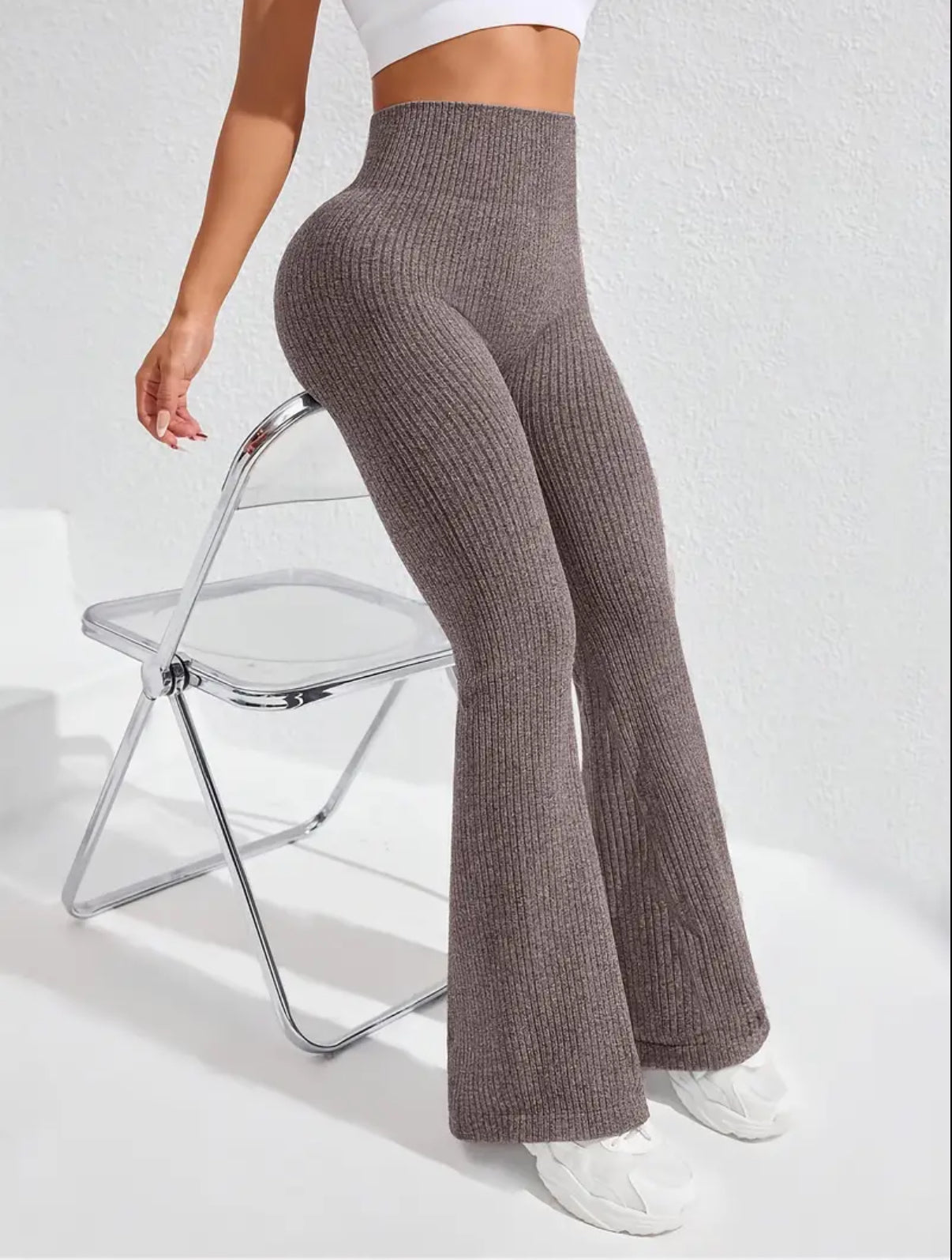 Women's High-Waisted Tummy Control Workout Leggings - 4D Textured Ribbed Flared Pants with Compression Fit, Lift & Seamless Design for Gym Running Casual Wear, All-Season Stretchy Ribbed Fabric, Tummy Control Shapewear, Fitness Apparel, Smooth Compression