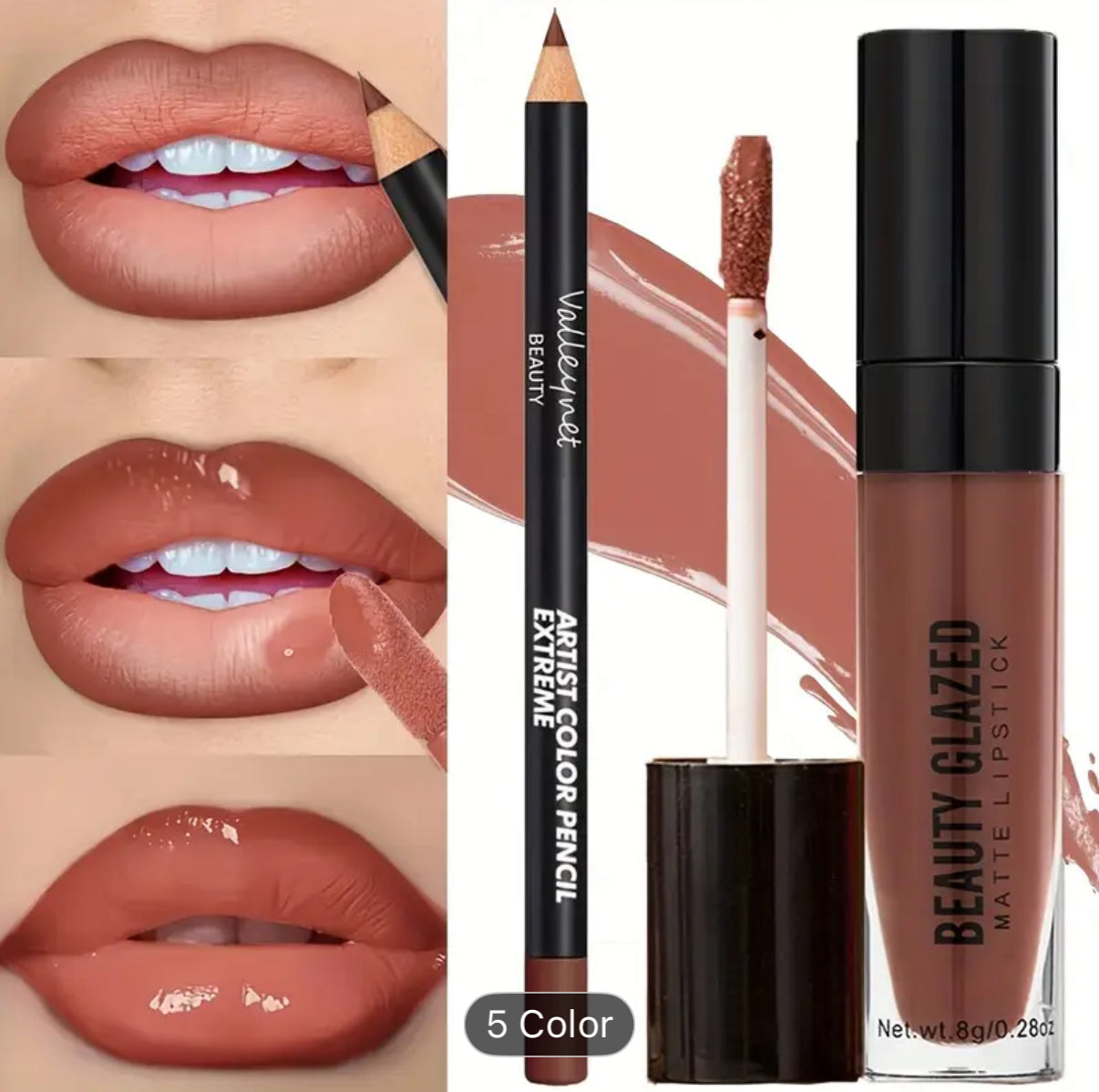 BEAUTYGLAZED 2pcs/set Velvet Texture Lip Makeup Set-Lip Liner+Lip Glaze-Waterproof Long-lasting Matte Effect, Red, Brown Colors, Create a Moisturizing and Natural Lip Makeup