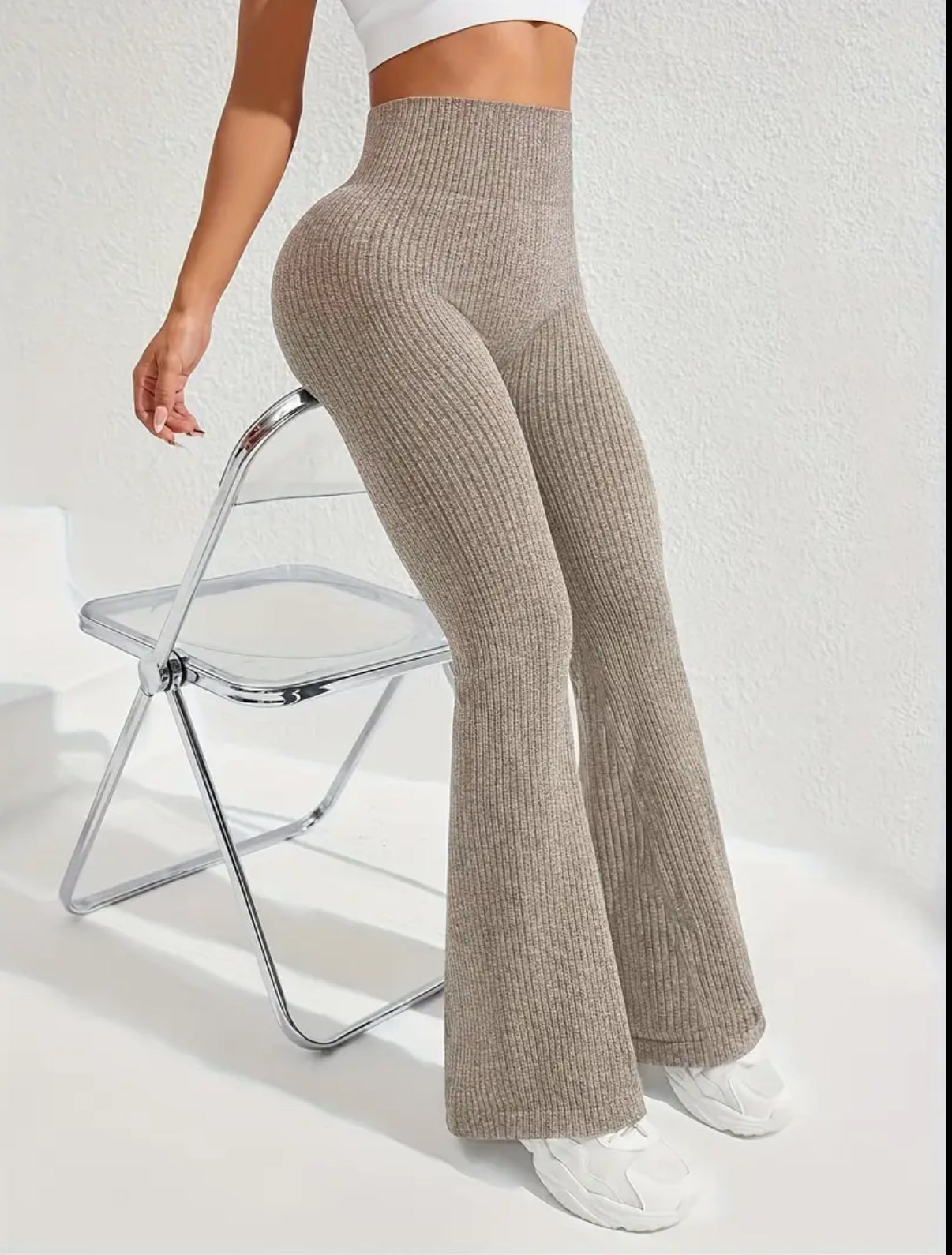 Women's High-Waisted Tummy Control Workout Leggings - 4D Textured Ribbed Flared Pants with Compression Fit, Lift & Seamless Design for Gym Running Casual Wear, All-Season Stretchy Ribbed Fabric, Tummy Control Shapewear, Fitness Apparel, Smooth Compression