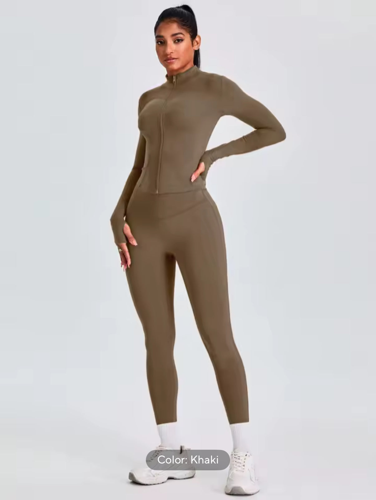 Fitfemme Two-piece Set Women's Solid Zip UpMock Neck Sports Jacket & HighWaist Leggings Set, SportyBreathable Quick Drying